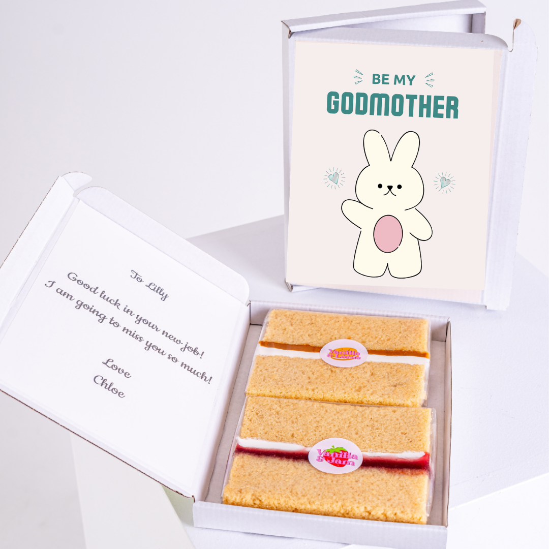Gift box with cake and Be My Godmother card, for Lilly.
