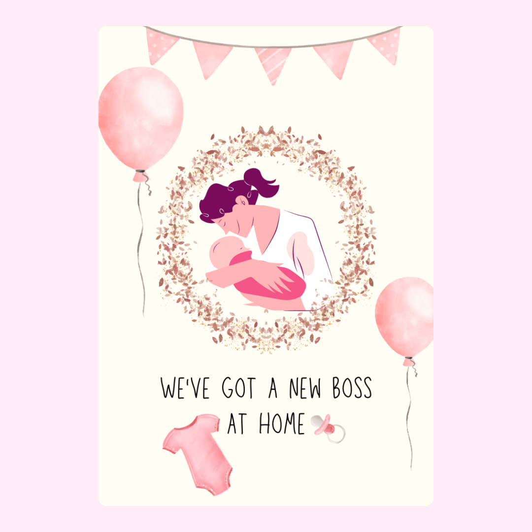 New baby announcement card with mother and child.