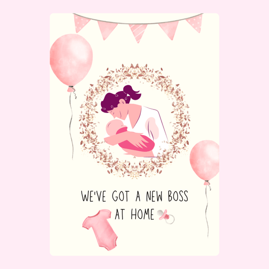 New baby announcement card with mother and child.
