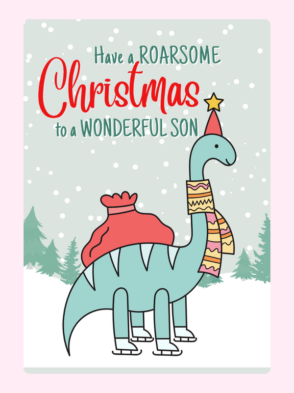 Christmas card for son with dinosaur