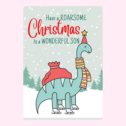 Christmas card for son with dinosaur