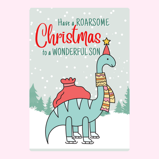 Christmas card for son with dinosaur