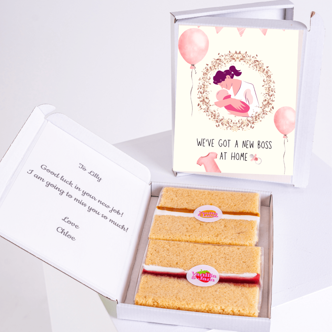 Gift box with cake and New Boss at Home card, farewell gift for Lilly