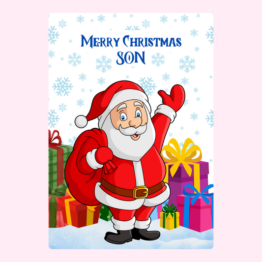 Christmas card for son with Santa and gifts