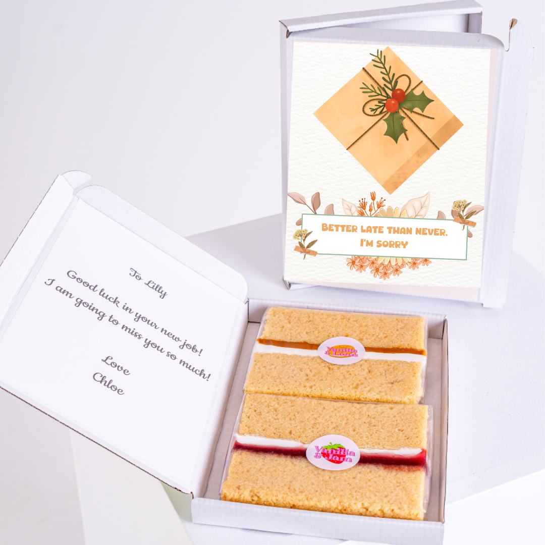 Cake gift box for Lilly with Better late than never, I'm sorry card.