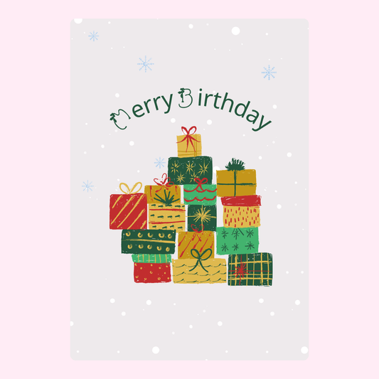 Merry Birthday card with stacked gifts