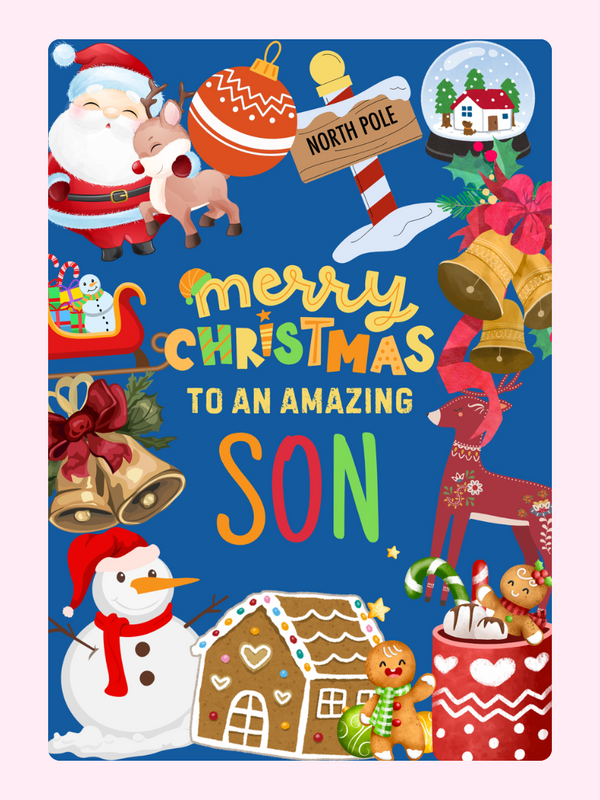 Christmas card for son with festive illustrations.