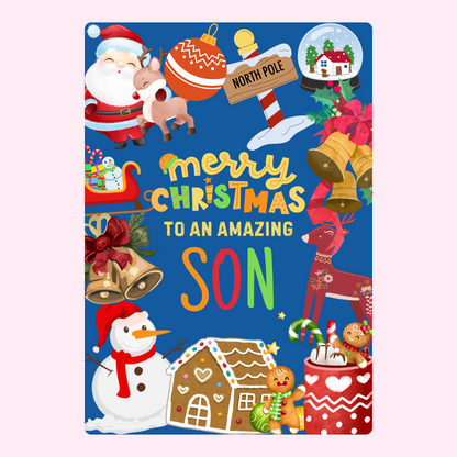 Christmas card for son with festive illustrations.