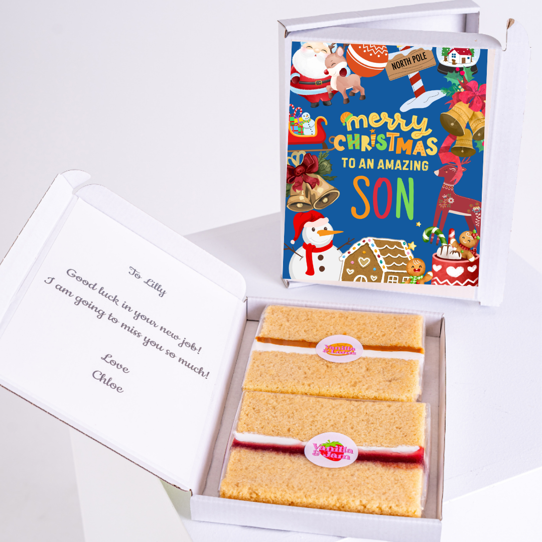 Christmas gift box for an amazing son with cake and a note.