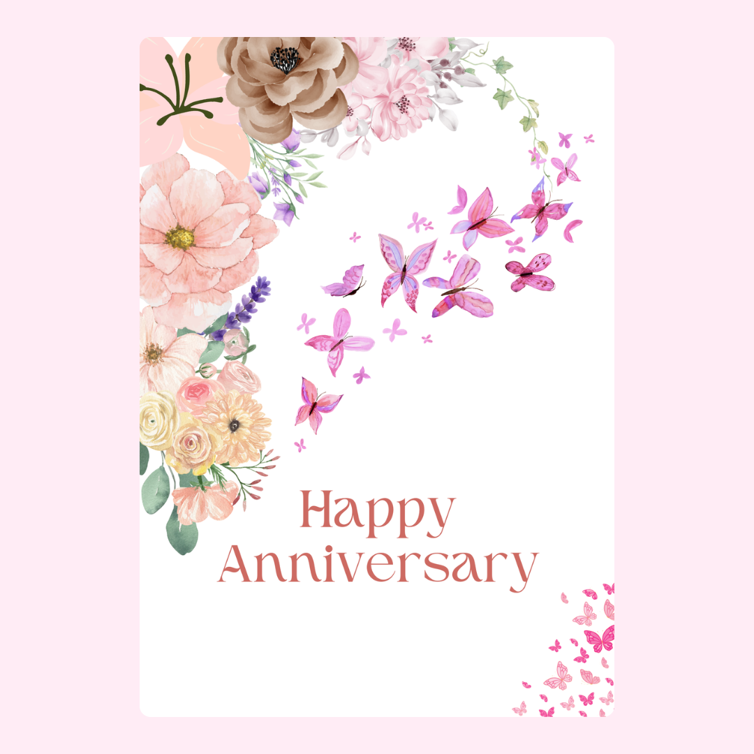 Happy Anniversary card with flowers and butterflies