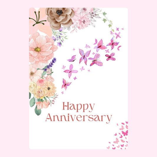 Happy Anniversary card with flowers and butterflies