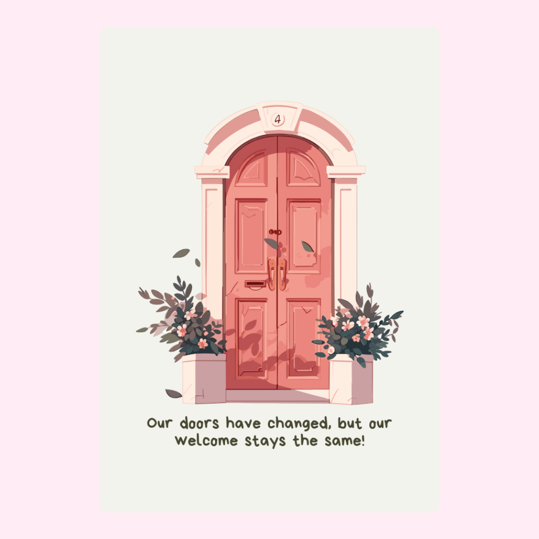 Pink door design with welcoming message