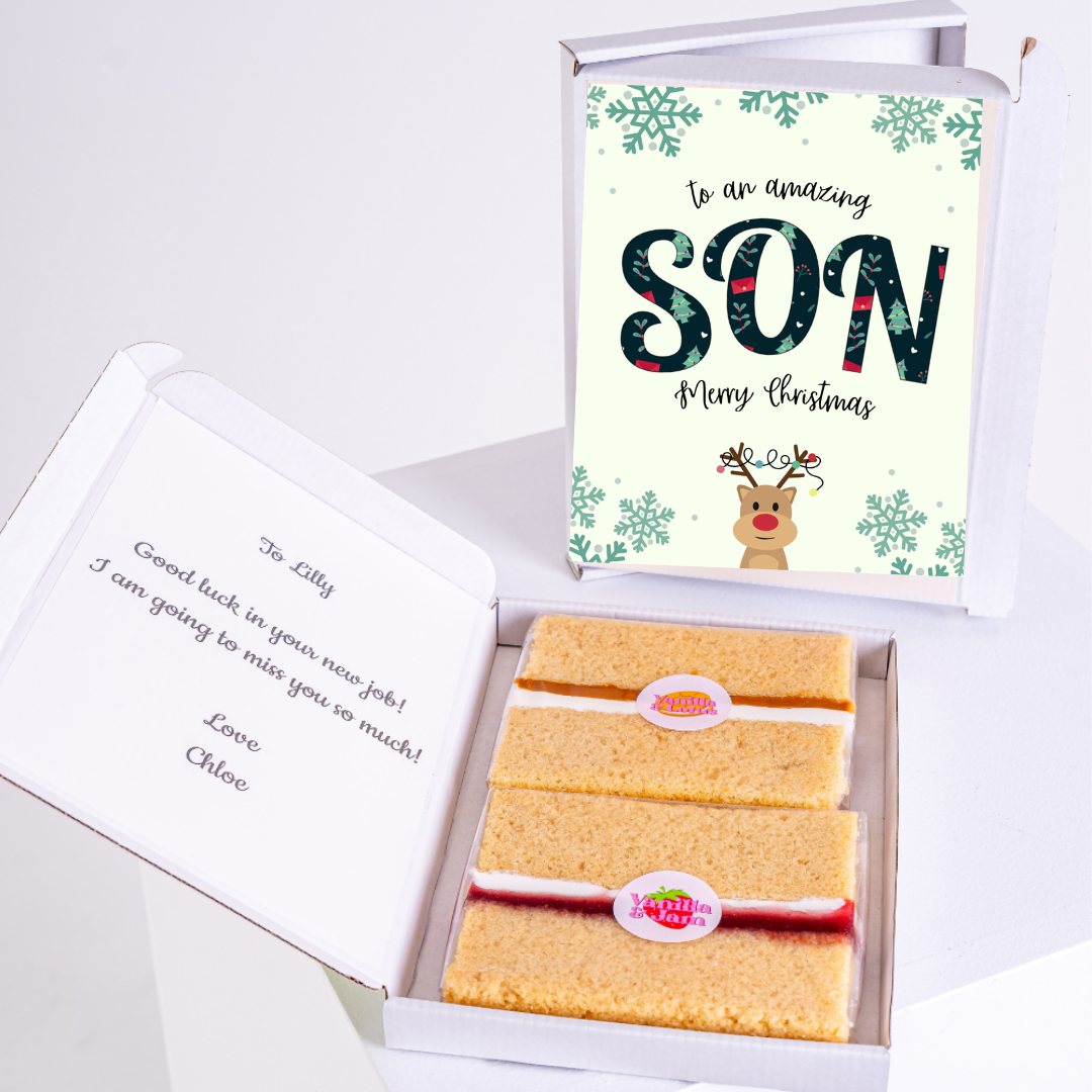 Christmas gift box for son with cake and card