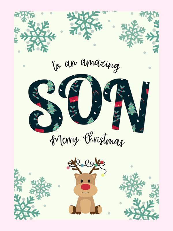 Christmas card for son with reindeer and snowflakes