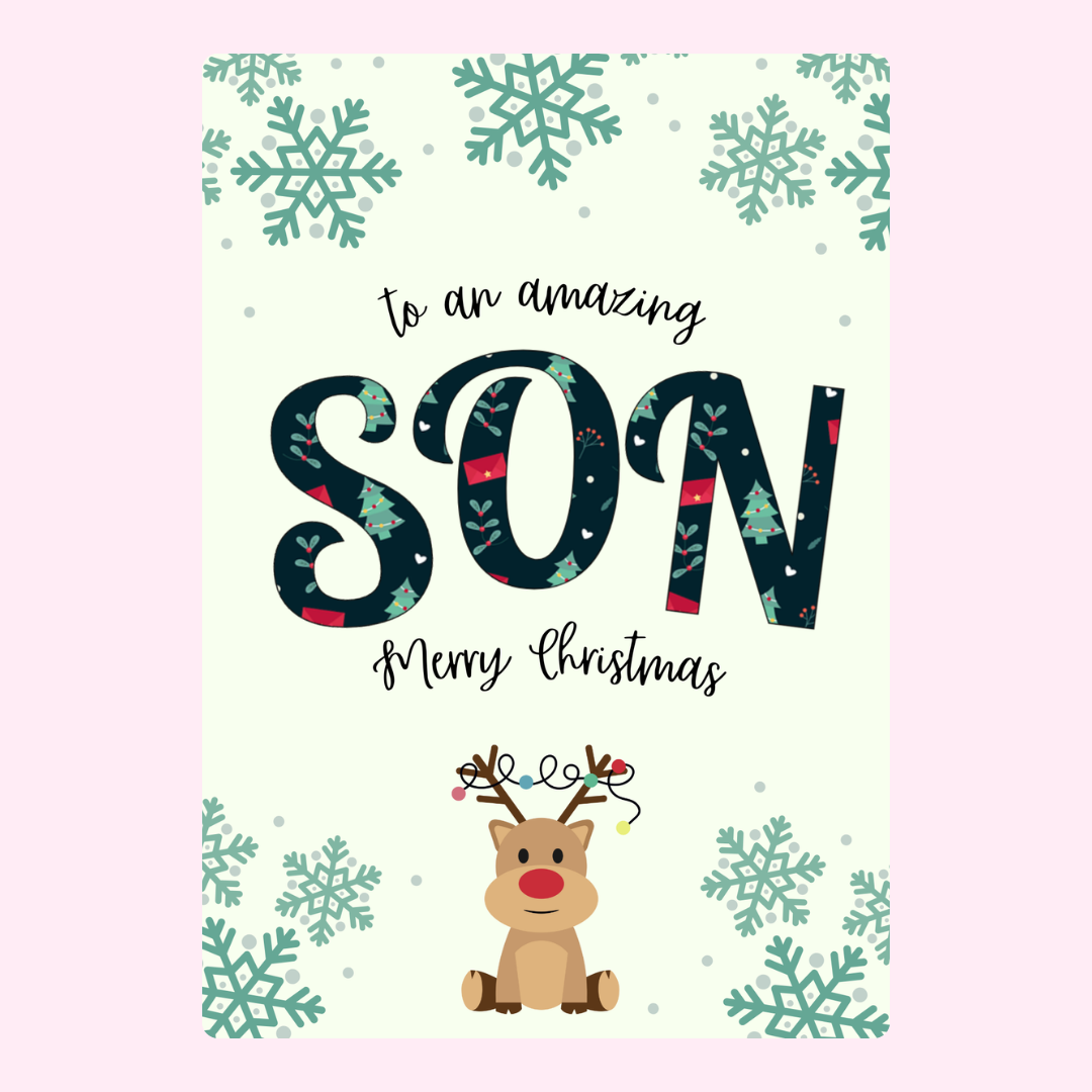 Christmas card for son with reindeer and snowflakes