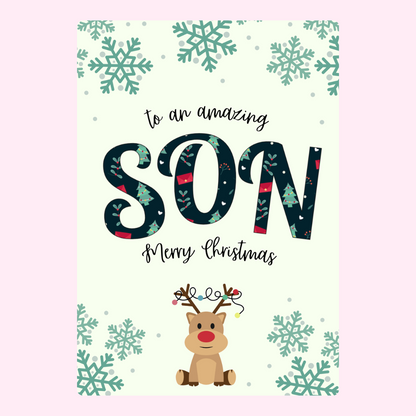 Christmas card for son with reindeer and snowflakes
