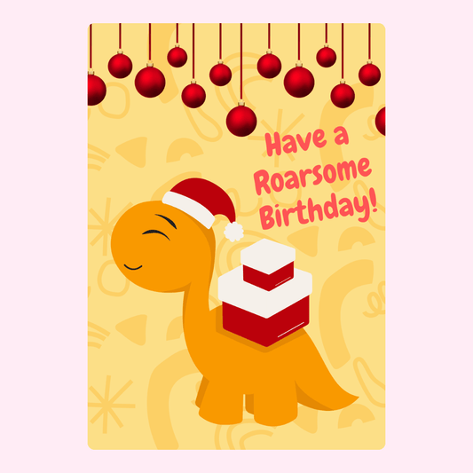 Birthday card with dinosaur wearing Santa hat, Have a Roarsome Birthday!
