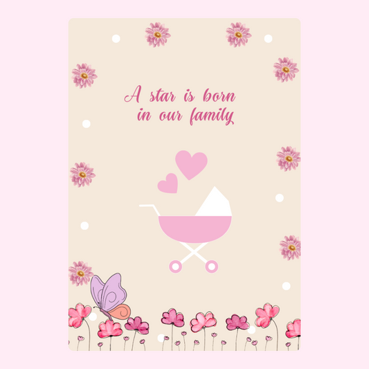 Baby announcement card with flowers, hearts, and a stroller.