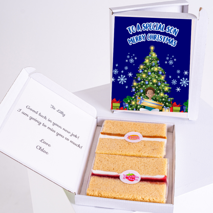 Christmas gift box with card and cake for son.