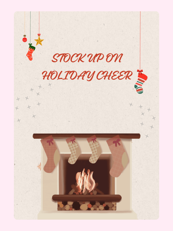 Holiday cheer graphic with fireplace and stockings