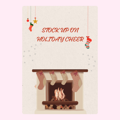 Holiday cheer graphic with fireplace and stockings
