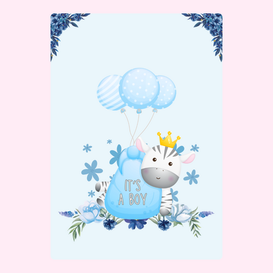 It's a Boy zebra baby shower card with balloons and flowers
