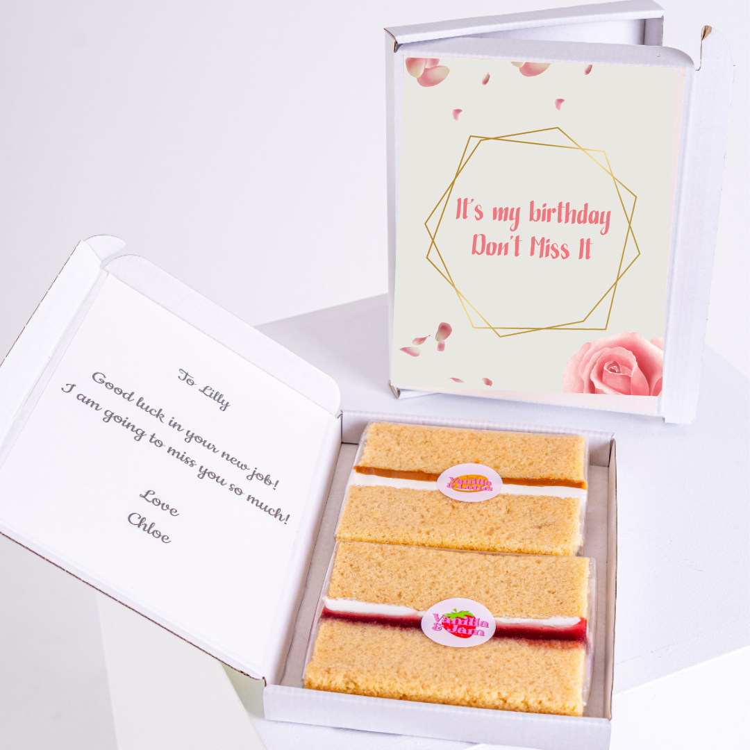 Birthday cake gift with It's my birthday card and farewell message.