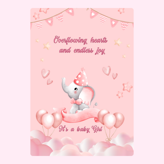 Baby girl announcement with elephant, balloons, and pink details.