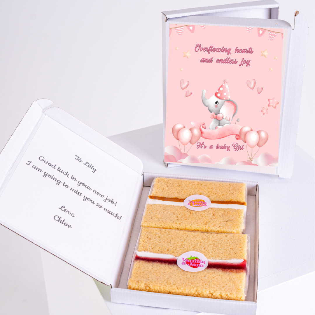 Baby girl cake gift box for Lilly with congratulations card.