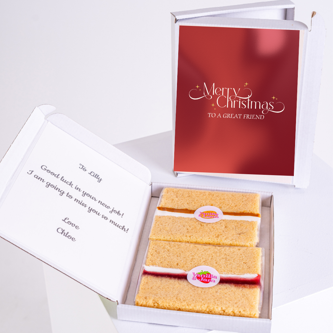 Christmas cake gift box for Lilly, Merry Christmas message.