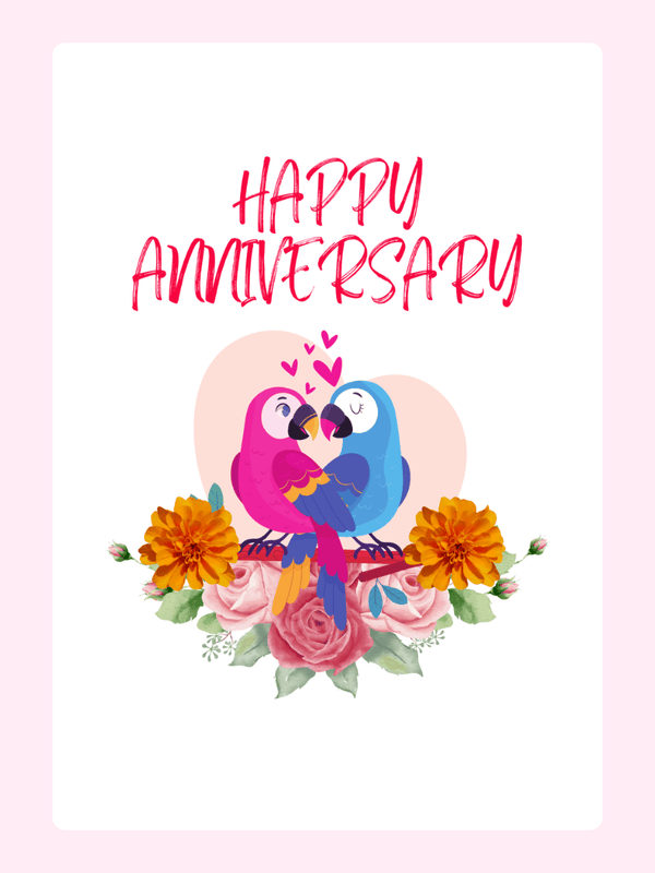 Happy Anniversary card with parrots and flowers