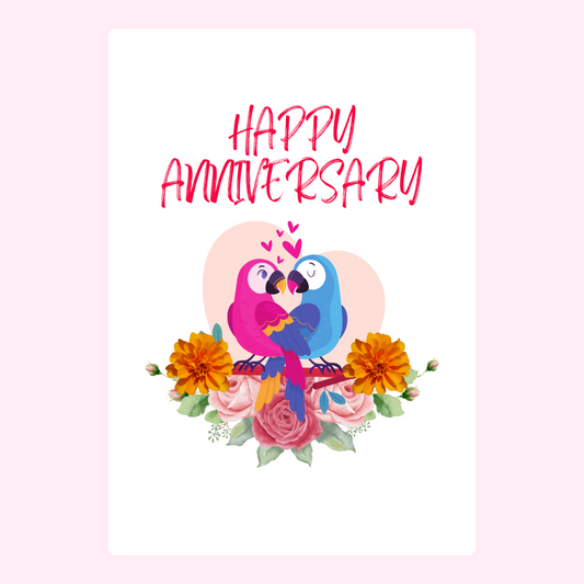 Happy Anniversary card with parrots and flowers