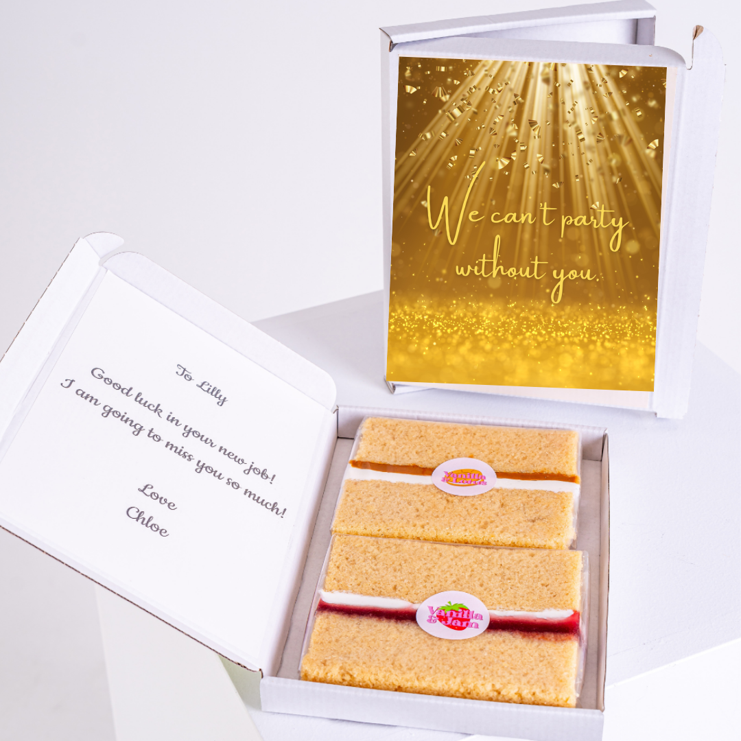 Gift box with cake and farewell card for Lilly