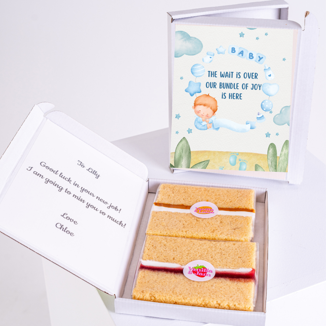 Baby gift box with cake and a note for Lilly.