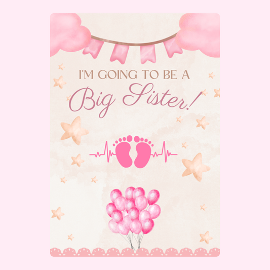 Big Sister announcement poster with pink balloons & decor