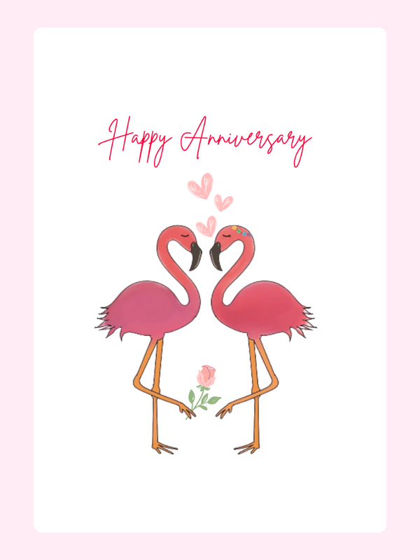 Happy Anniversary card with flamingos and hearts.