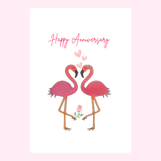 Happy Anniversary card with flamingos and hearts.