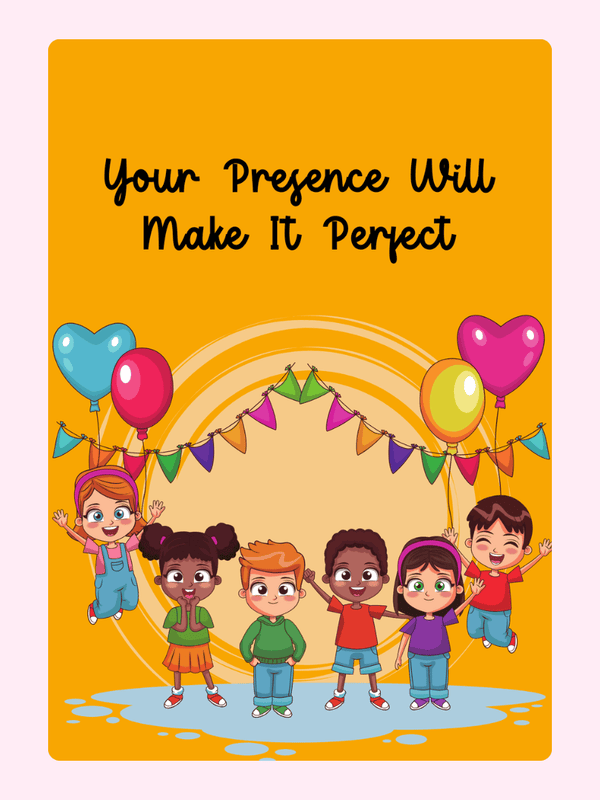 Party invitation featuring kids and balloons.
