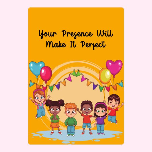 Party invitation featuring kids and balloons.