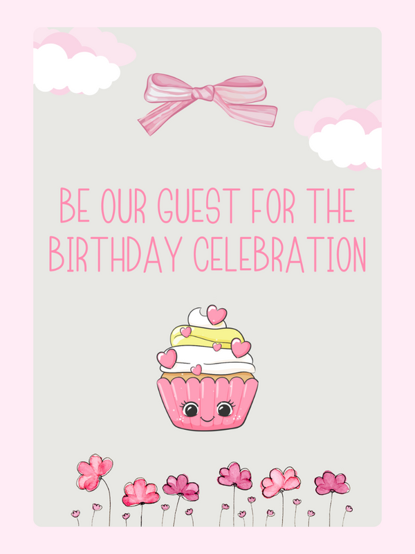Birthday invitation featuring a cupcake and bow.