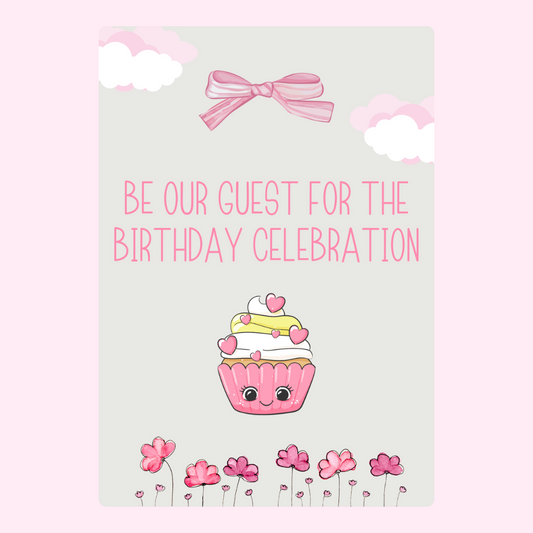 Birthday invitation featuring a cupcake and bow.