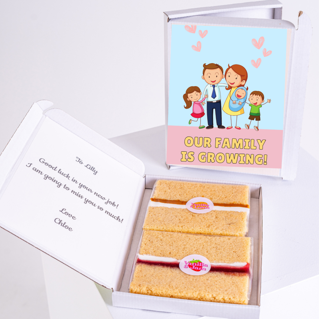 Gift box with Our Family is Growing design and cake slices for Lilly.