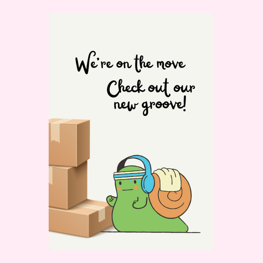 Moving announcement featuring a snail with boxes.