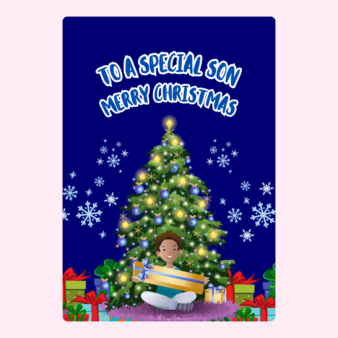 Christmas card for son with tree and gift