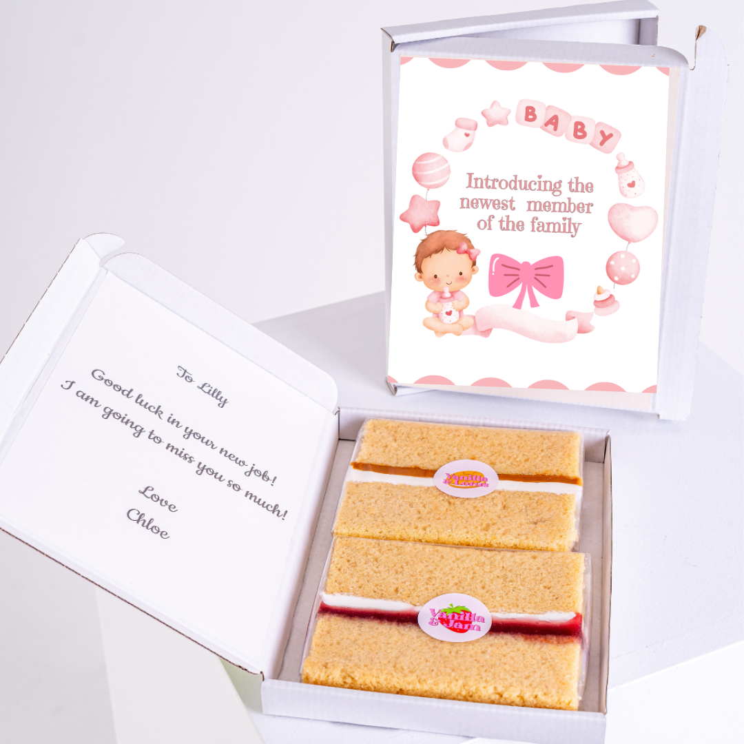 Baby gift box with cake, card & message for Lilly.