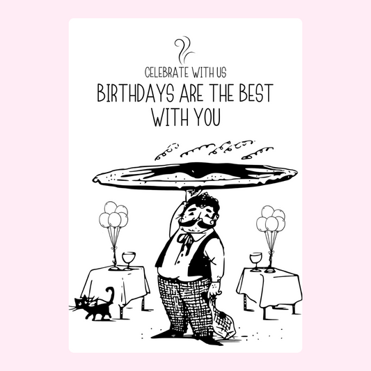 Birthday celebration design with server holding food.