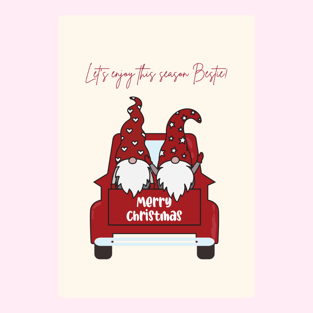 Christmas card with gnomes in a truck, Merry Christmas Besties