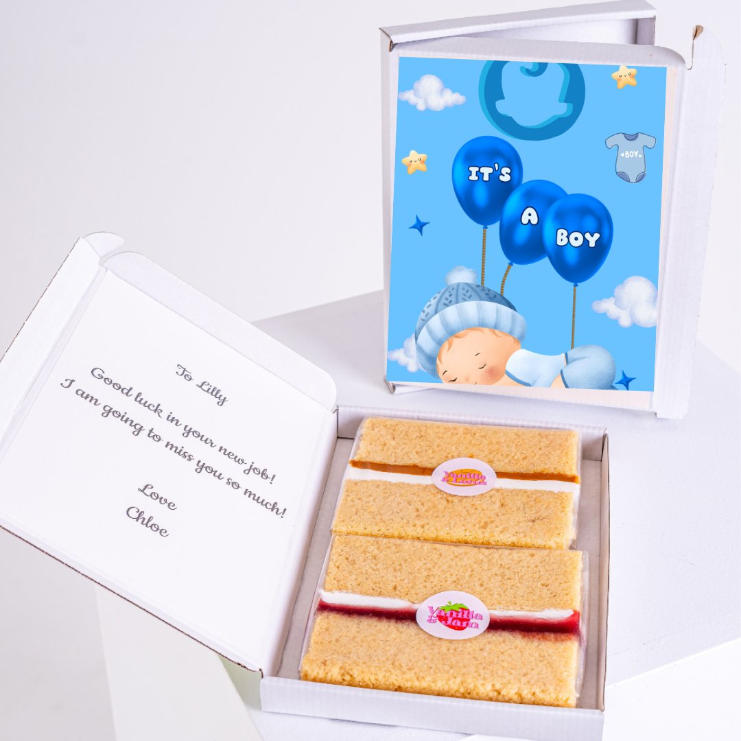 It's a Boy cake gift box with note for Lilly