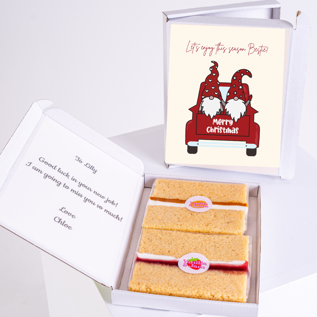 Christmas gift box with card and cake, Merry Christmas design.