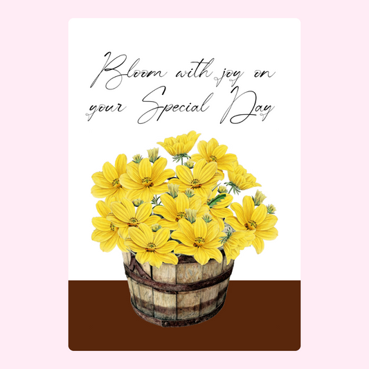 Yellow flowers birthday design with wooden bucket